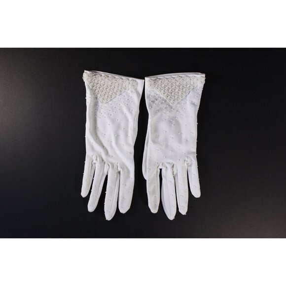 Vintage white beaded short gloves size 7, vintage wedding bridal gloves Nylon - Picture 3 of 9